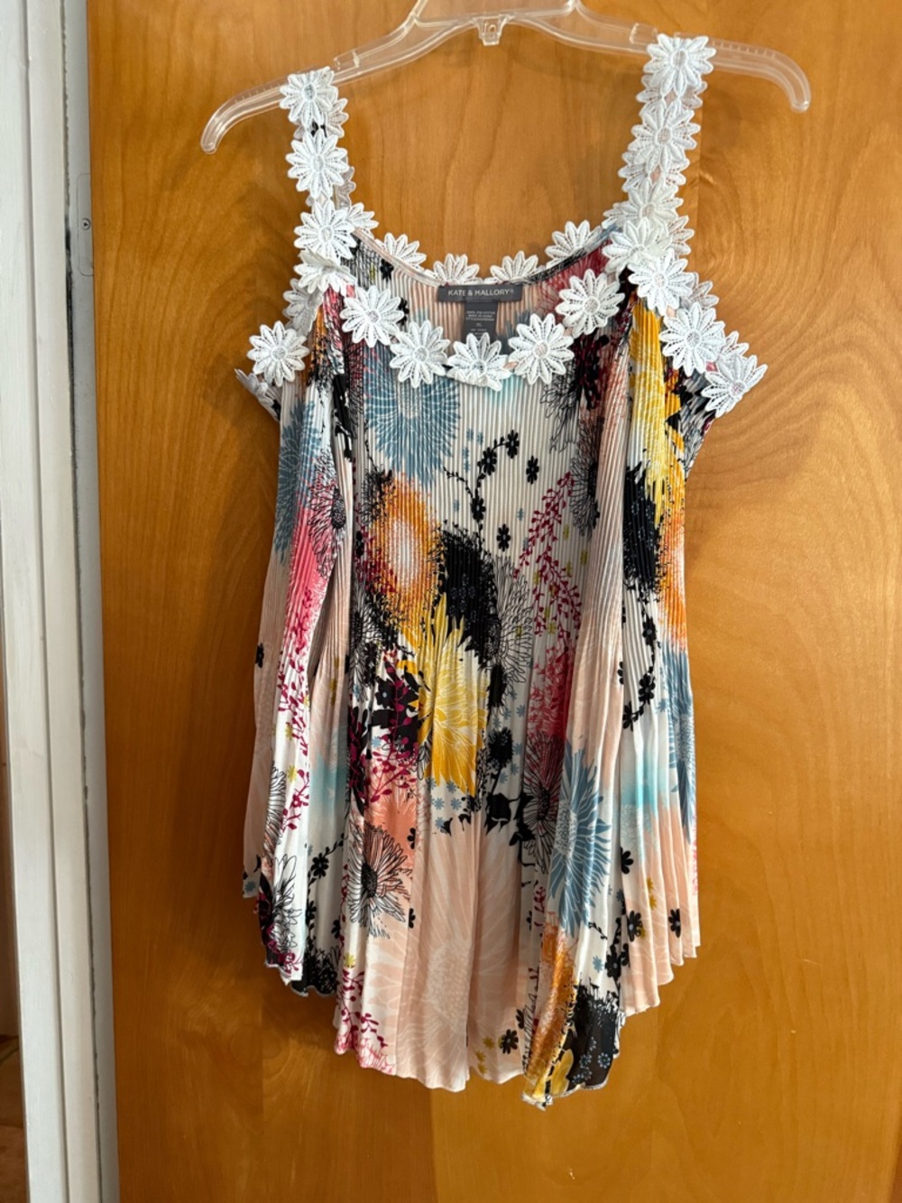 Floral Pleated Cold Shoulder Top with Daisy Lace Trim - Multicolor